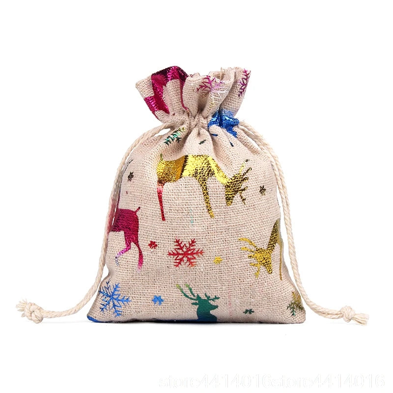 10pcs 10x14 13x18cm Color Printing Elk Burlap Christmas Gift Jewelry Wedding Party Decoration Drawer Bag Sachet Bag 66