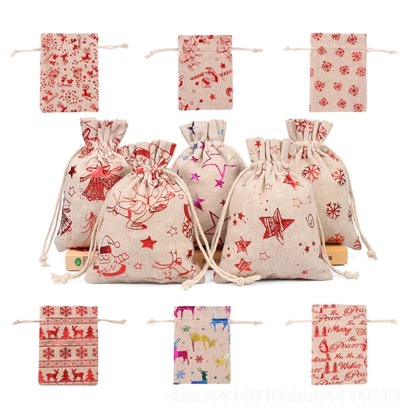 10pcs 10x14 13x18cm Color Printing Elk Burlap Christmas Gift Jewelry Wedding Party Decoration Drawer Bag Sachet Bag 66