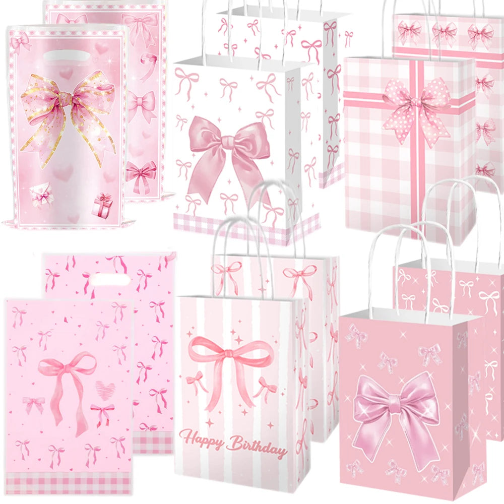 10/50pcs Pink Bow Themed Party Paper Gift Bag Candy Gift Bag Bridal Engagement Wedding Kids Birthday Baby Shower Party Supplies
